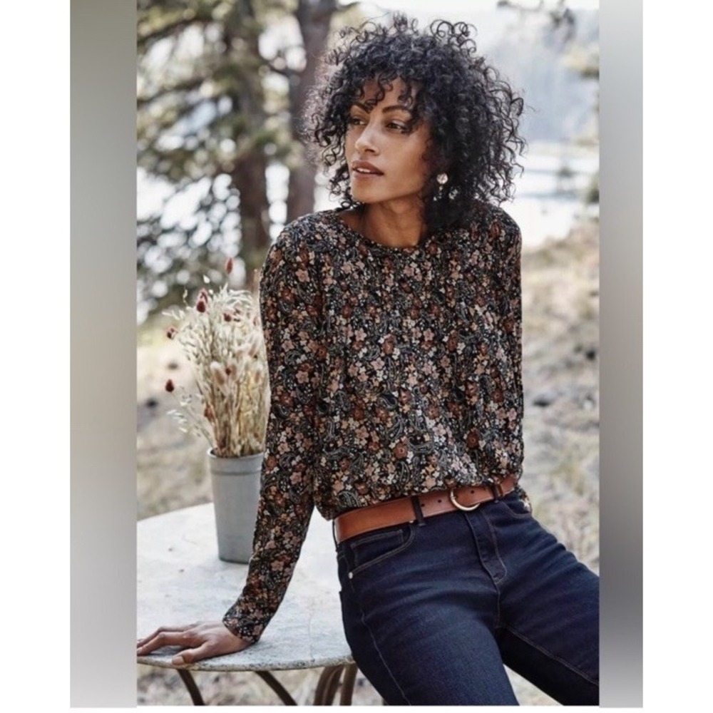 J. Jill Small Blouse Long Sleeve Dark Floral Print Smocked Peasant Shirt Top